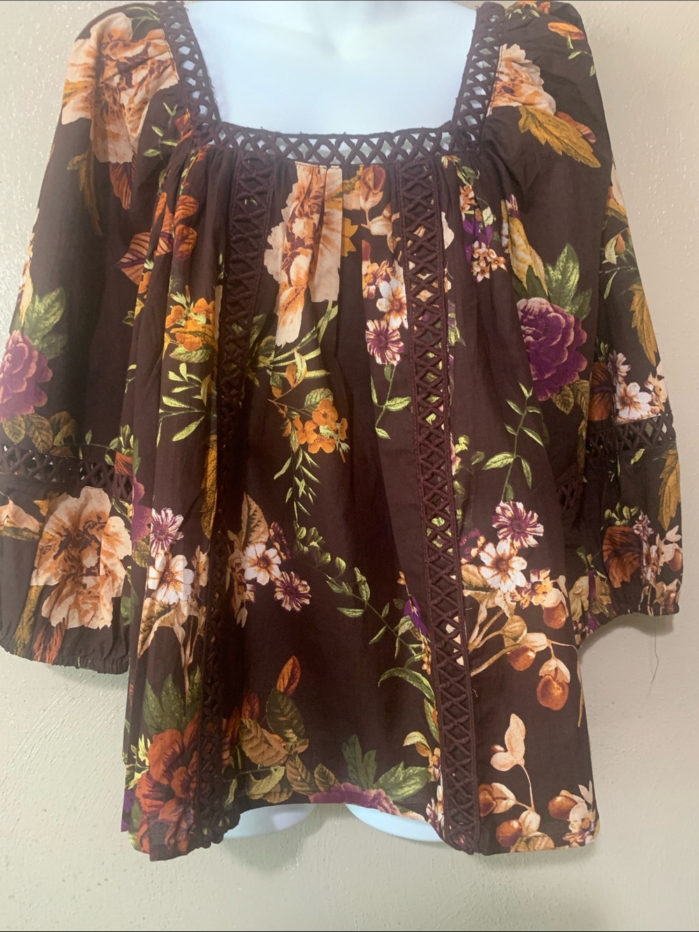 HERS size L Boho Brown Floral Crochet-Trim Peasant Tunic NWT